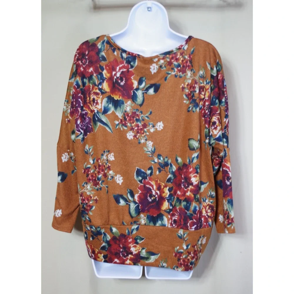 AGB Women's Large Floral Knit Top Rust Orange Red Rose‎ Print Wide Sleeve Blouse